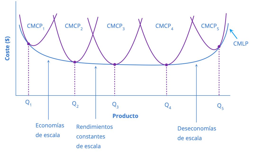 Curva de costes medios a largo plazo formada por el borde inferior de cinco curvas de costes medios a corto plazo